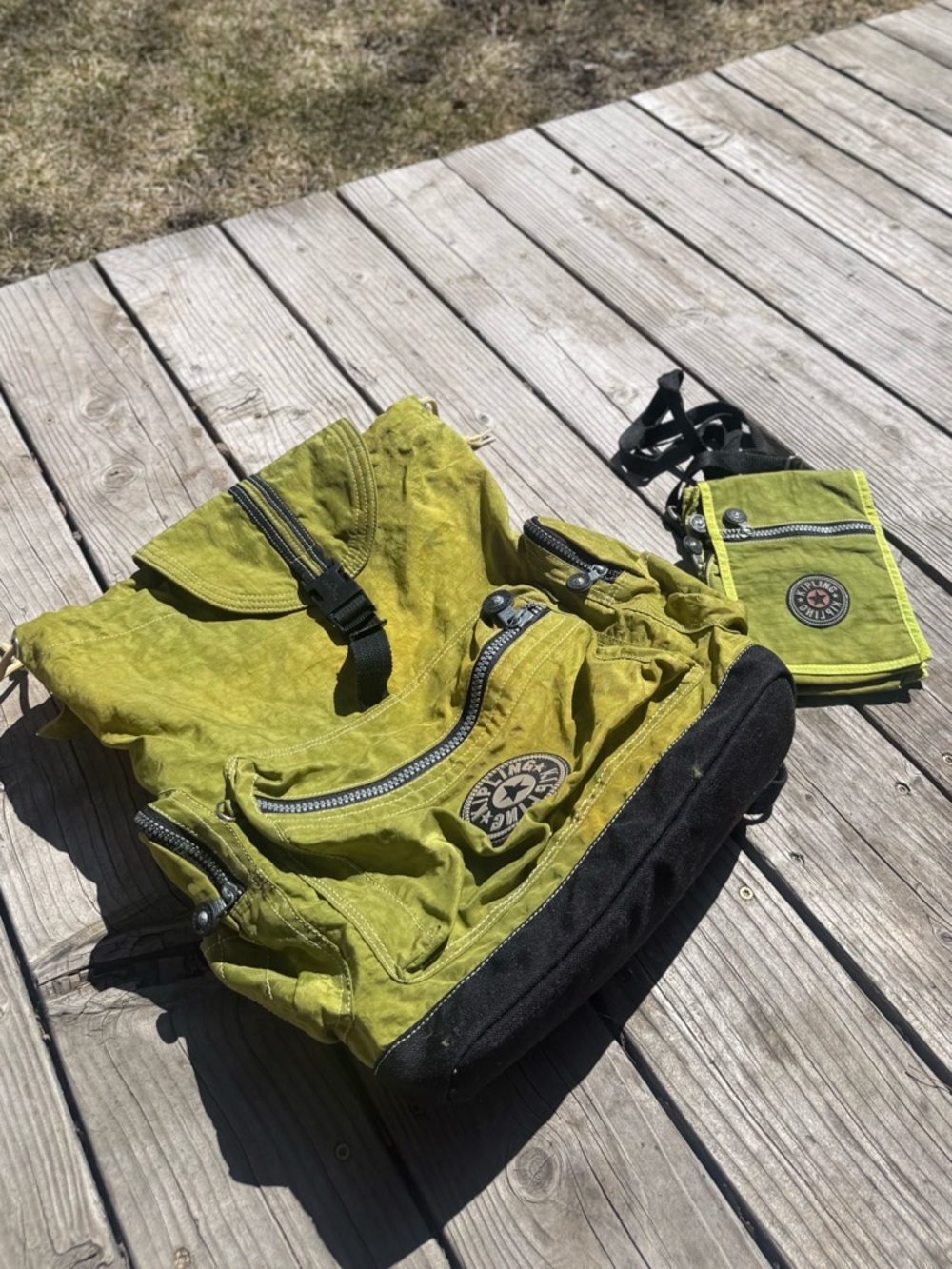 Y2K Kipling Lime Green Crinkled Nylon  Backpack and Matching Side body pouch